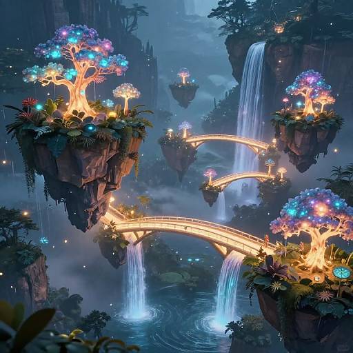 Fantasy digital artwork: luminous, glowing trees on floating rock islands, illuminated by ethereal blue and orange lights, connected by luminous arch bridges