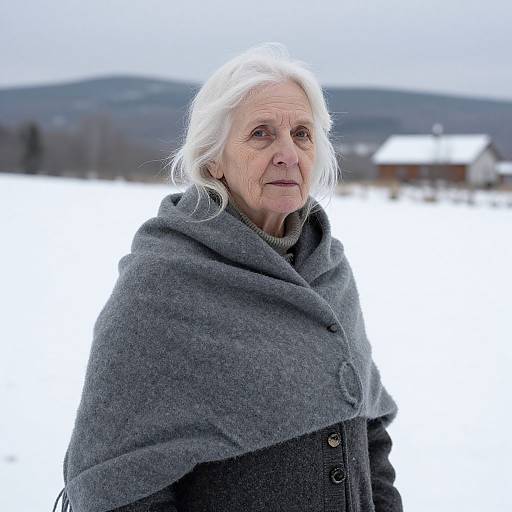 Photograph of an elderly woman with white hair, wearing a gray woolen cloak, standing in a snowy landscape with distant hills.
