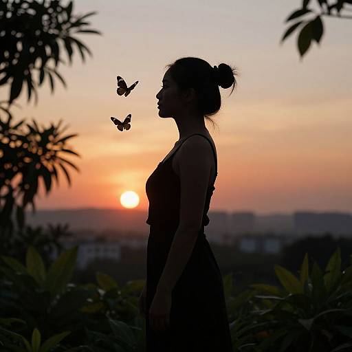 Silhouetted woman with bun, side profile, wearing sleeveless dress, watching two butterflies at sunset, surrounded by leafy plants. Photograph.