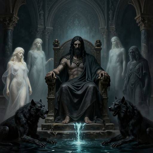 Digital artwork of a muscular, bearded king with dark robes, seated on a throne, surrounded by ethereal white women, ghostly men, and