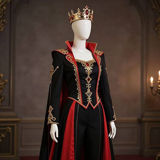Photorealistic CGI of a white mannequin wearing a black velvet royal gown with red lining and gold embroidery, topped with an ornate gold crown