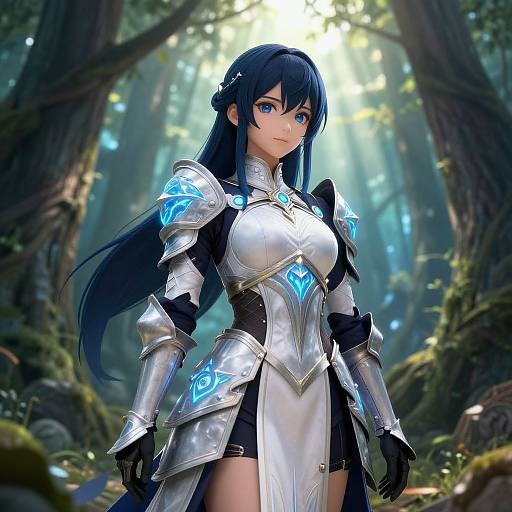 Digital anime-style artwork of a blue-eyed, long-haired female warrior in silver and black armor with glowing blue accents, standing in a sunlit forest.