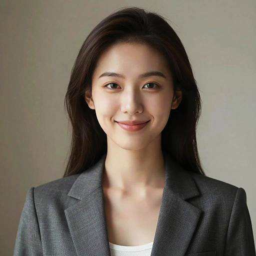 Photograph of an Asian woman with long black hair, fair skin, and brown eyes, wearing a gray blazer over a white top, smiling softly