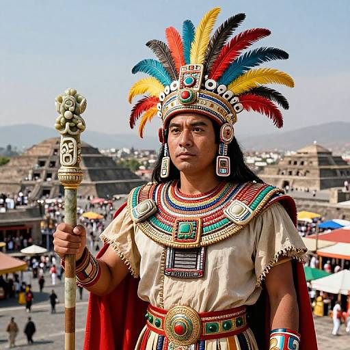 Photograph of a Native American woman in traditional Aztec-style headdress, ornate dress, and jewelry, holding a staff, standing in a bustling