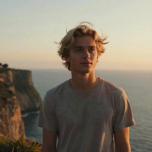 Blonde Man on Cliff at Sunset