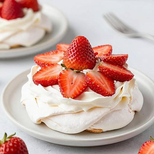 Photograph of a white plate with a cream-topped cake topped with sliced strawberries and a whole strawberry, on a white tablecloth.