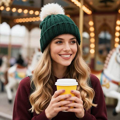 Cheerful Woman with Coffee and Carousel