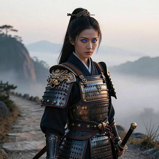 Digital artwork of a fierce Asian woman warrior with blue eyes, black hair in a high bun, wearing detailed samurai armor, standing in a misty
