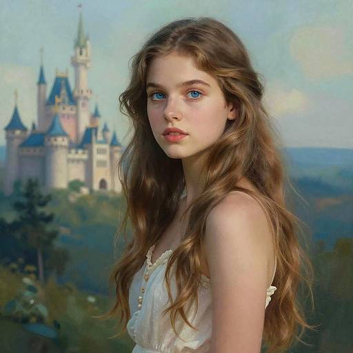 Digital painting of a fair-skinned, blue-eyed young woman with wavy brown hair, wearing a white, sleeveless top, standing before a castle