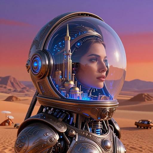 CGI image of a woman in a futuristic, intricately detailed spacesuit with a reflective helmet, set against a desert sunset with distant mountains and vehicles