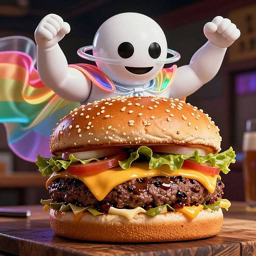 CGI image of a ghost-like character with rainbow wings cheerfully raising fists behind a juicy, colorful beef burger with cheese, lettuce, tomato, and