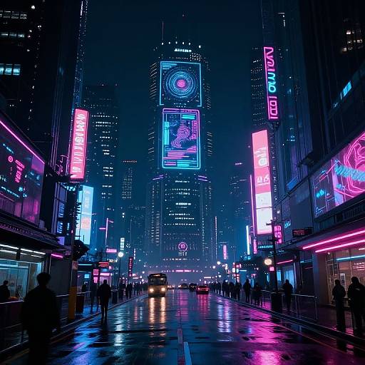 Neon-lit, cyberpunk city street at night; vibrant pink, blue, and purple signs illuminate towering skyscrapers; wet pavement reflects colorful