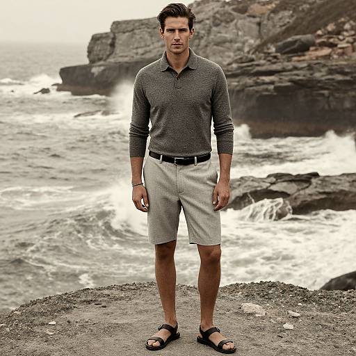 Photograph of a handsome, fit man with short dark hair, wearing a gray polo, beige shorts, black sandals, standing on rocky coastal cliff with