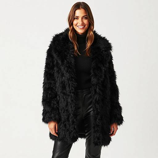 Photograph of a smiling woman with long brown hair, wearing a black fur coat over a black turtleneck and black pants, against a plain white