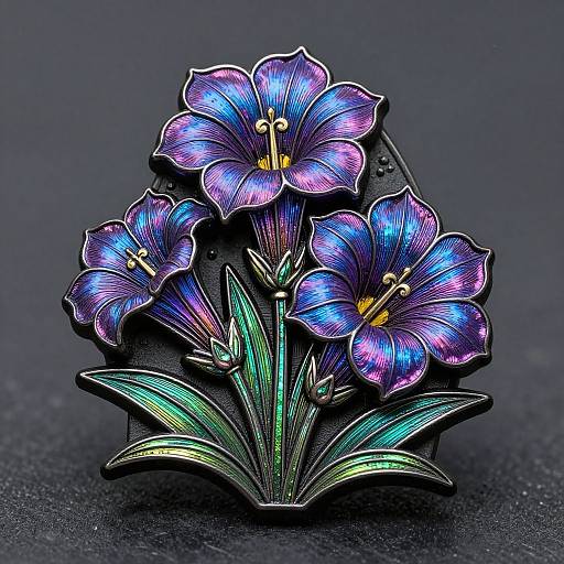 Digital art of iridescent, purple-blue flowers with green leaves on a dark, textured background, featuring a three-dimensional, embossed design.