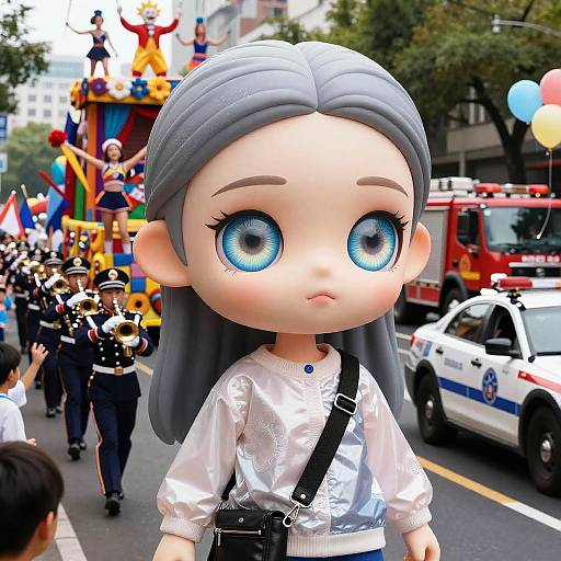 Photorealistic CGI of a large-eyed, gray-haired doll with silver hair, white blouse, and black suspenders, amidst a colorful parade with police