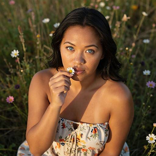 Photograph of a young woman with medium brown skin and blue eyes, holding a daisy to her lips. She wears a strapless floral dress,