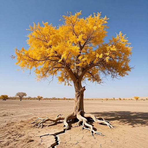 Photograph of a solitary, vibrant yellow-acacia tree with exposed, gnarled roots in a dry, sandy desert under a clear blue sky.