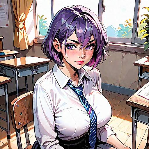 Blushing Schoolgirl with Purple Hair