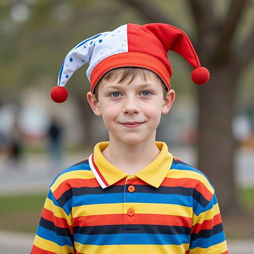 Photograph of a young boy with fair skin, brown hair, wearing a red and white jester hat, and a colorful striped shirt, smiling in