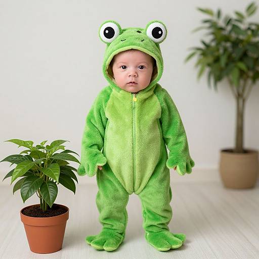 Photograph of a baby in a green frog-themed onesie with large eyes, standing next to potted plants, white background.