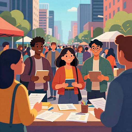 Digital illustration of a diverse group of students at an outdoor market, holding papers, standing around a table with a pen holder. Urban background with tall buildings
