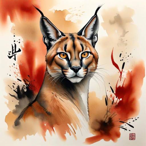 Majestic Caracal in Ink Wash Style