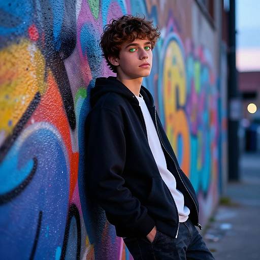 Photograph of a young boy with green eyes, curly brown hair, wearing a black hoodie and white shirt, leaning against vibrant graffiti-covered wall at dusk
