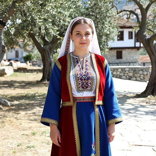 Photograph of a young woman with light skin, brown hair, wearing a traditional blue and red embroidered dress, white headscarf, standing outdoors in