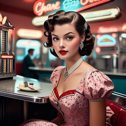 Digital art of a vintage 1950s-style woman with curly hair, red lipstick, pink floral dress, and diamond necklace, seated in a neon