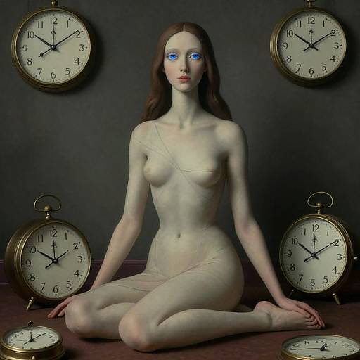 Digital artwork of a pale, nude, ethereal woman with blue eyes, long brown hair, sitting on floor among five antique clocks.