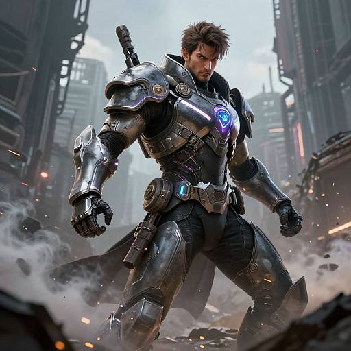 CGI digital artwork of a muscular, brown-haired man in futuristic, black and silver armor with glowing blue chest emblem, standing amid a ruined, fog