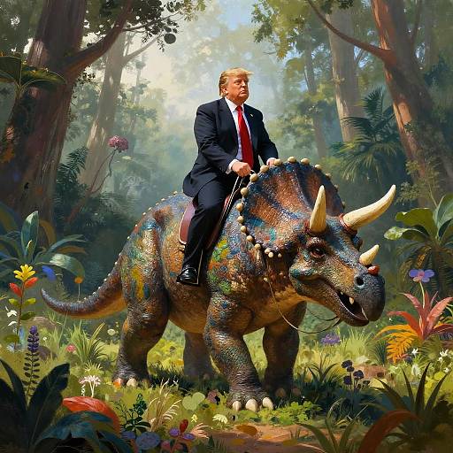 Digital artwork of a suited man with blonde hair riding a colorful, horned, dinosaur-like creature through a vibrant, sunlit forest.