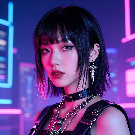 Neon-lit cyberpunk portrait of an Asian woman with black bob, cross earrings, black leather harness, and choker, against vibrant cityscape