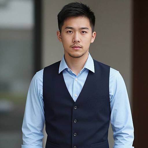 Photograph of an Asian man with short black hair, light blue shirt, and black vest, standing in front of a blurred urban background.