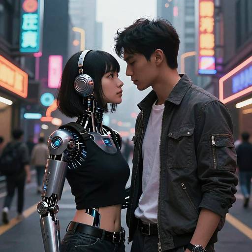 Photorealistic CGI of a cyberpunk scene featuring a robot woman with black bob haircut and headphones, facing a young Asian man in a denim jacket,