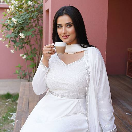 Photograph of a smiling South Asian woman with long black hair, wearing a white embroidered dress and shawl, holding a white cup, standing outside a