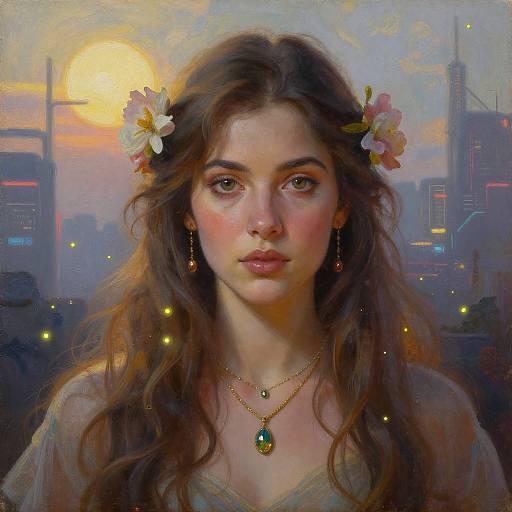 Digital painting of a young woman with long brown hair, adorned with flowers, wearing delicate jewelry, against a sunset cityscape.