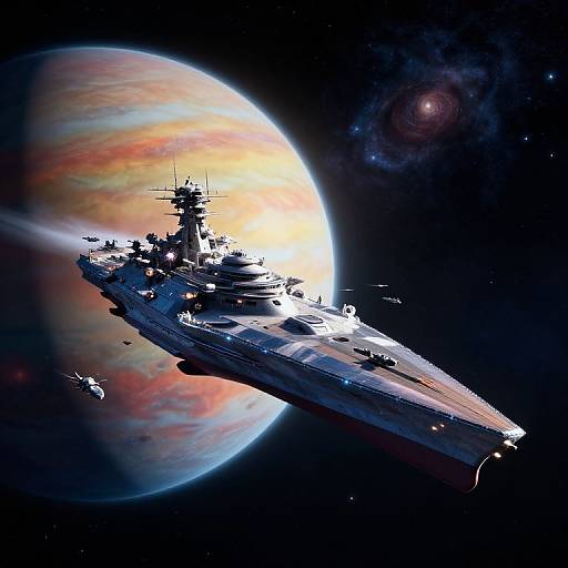 Futuristic Space Battleship Over Gas Giant