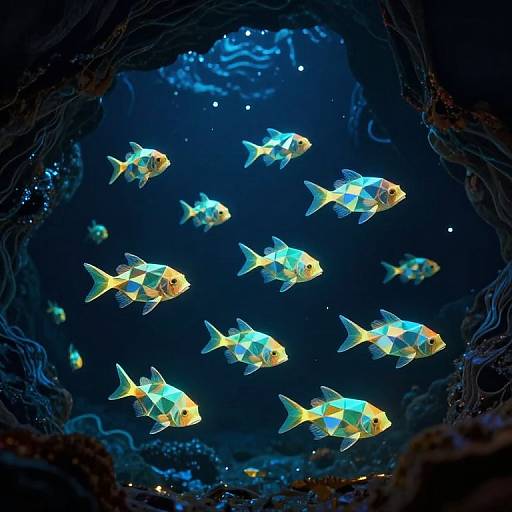 Photograph of vibrant, neon-blue and yellow checker-patterned fish swimming in a dark, underwater cave with a blue, illuminated background.
