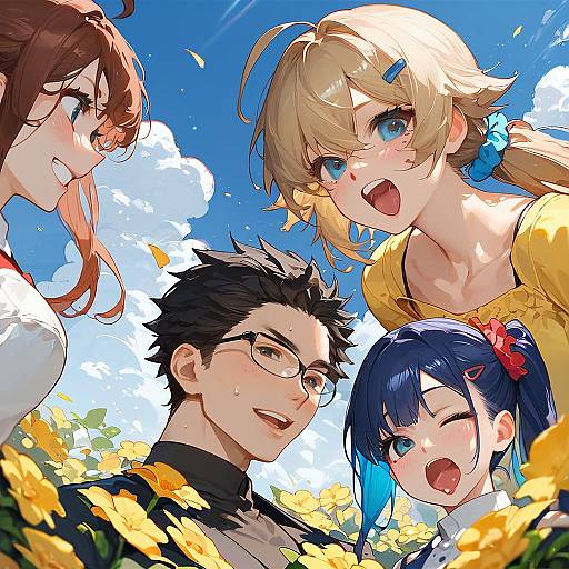 Cheerful Anime Girls in Flower Field