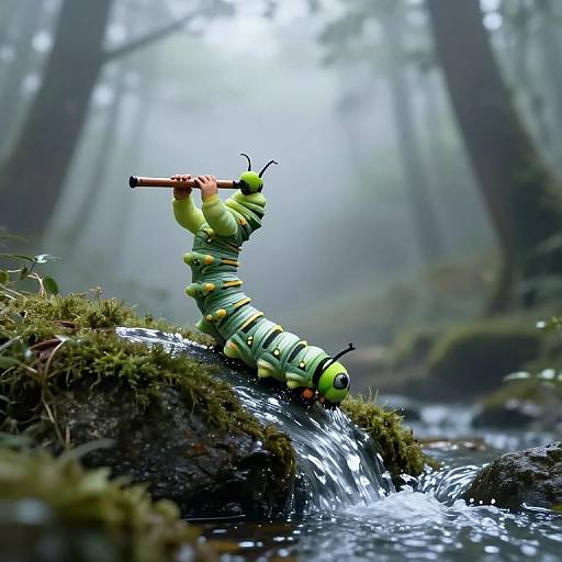 Photograph of a green, caterpillar-shaped toy with antennae, holding a stick, standing on mossy rocks by a flowing stream in a mist