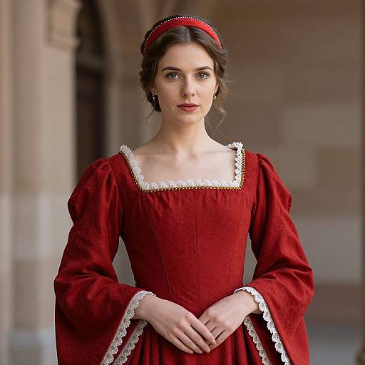 Photograph of a young woman with fair skin and dark brown hair, wearing a red Renaissance-style dress with white lace trim, and a red headband