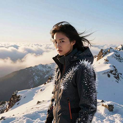 Woman on Snowy Mountain Ridge with Spiked Jacket