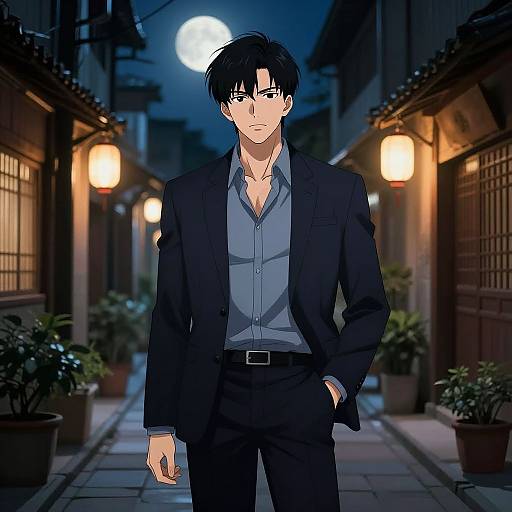 Anime-style digital drawing of a handsome, black-haired man in a dark suit, standing in a moonlit, narrow Japanese alleyway.