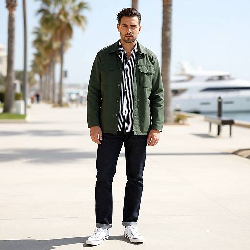Photograph of a bearded man with short brown hair, wearing a green jacket, striped shirt, black pants, and white sneakers, standing on a