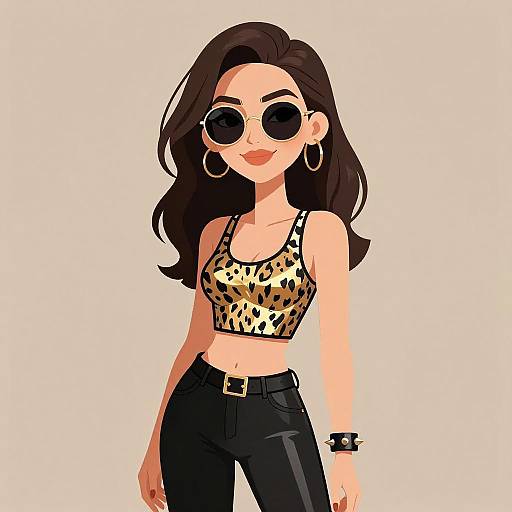 Digital illustration of a stylish woman with long brown hair, wearing round sunglasses, leopard print crop top, black pants, and hoop earrings.