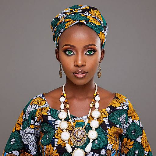 Photograph of a beautiful African woman with dark skin, green eyes, wearing a colorful, patterned dress, headwrap, and large, white bead