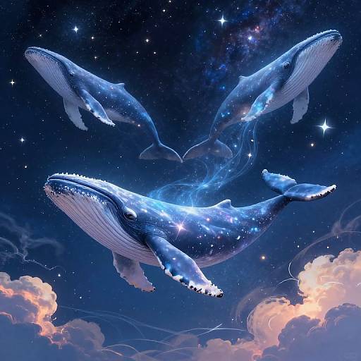Digital artwork of three glowing blue whales with starry patterns swimming in a cosmic, starry night sky with pink clouds.
