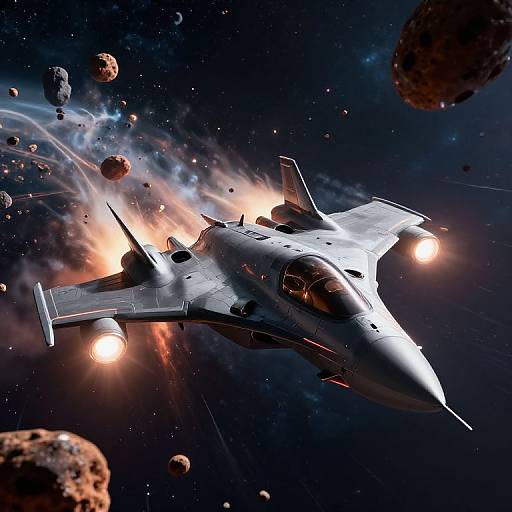 Photorealistic CGI of a sleek, white military jet with glowing engines, flying through a dark, starry space filled with asteroids and a fiery neb